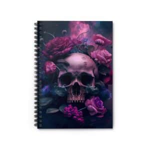 Skull and Pink Flowers Ruled Line Notebook, Floral Reverie, Spiral Notebook with Skull and Roses Design