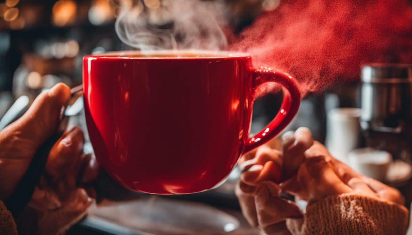An image of a red coffee mug, with steam rising from the hot beverage inside. Image used for the article Perfect Coffee Mug Gift.