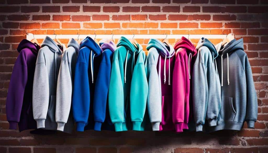 An image showing a variety of colorful hoodies neatly arranged on display, with an online shopping interface in the background, inviting users to buy hoodies online. Image used for the article Buy Hoodies.