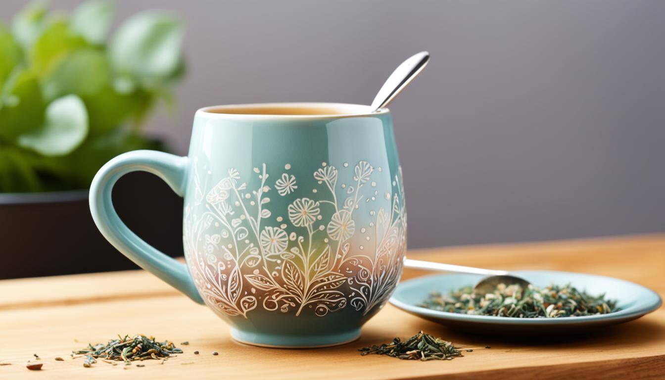 Image of a ceramic tea mug, featuring a glossy finish with a subtle pattern, set against a soft background. The mug has a comfortable handle and a wide rim, perfect for enjoying a warm cup of tea. Image used for the article Beautiful Coffee Mugs
