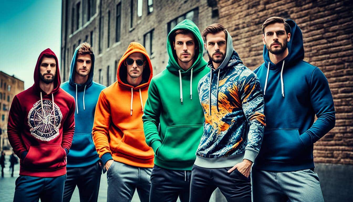 An assortment of men's hoodies featuring the latest designs, showcasing a variety of colors, patterns, and styles. Image used for the article Men’s unique hoodies.